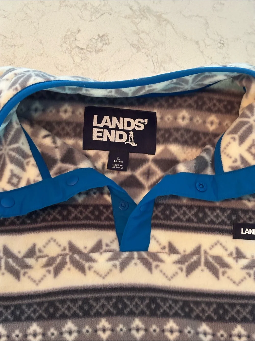 Lands' End Men’s Cream & Gray Fair Isle Fleece Pullover